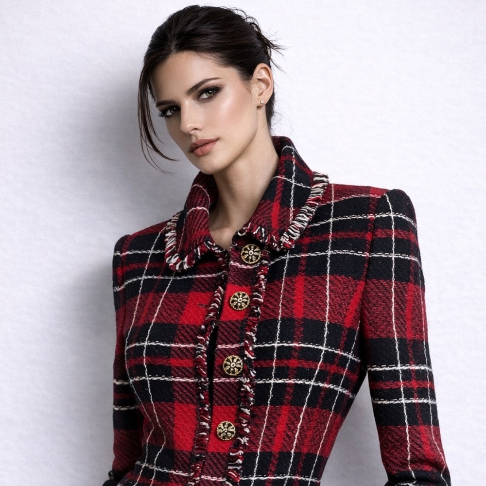 2 pc St. JOHN knit fringe jacket Plaid Red suit gold Black Women's Pants Set - Picture 13 of 17